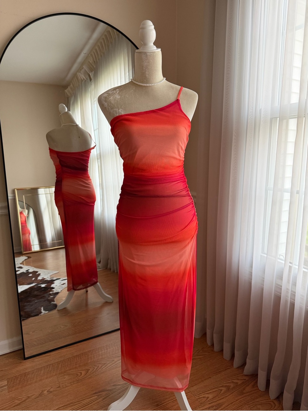 Forever 21 One-Shoulder Red Orange Ombre Maxi Dress